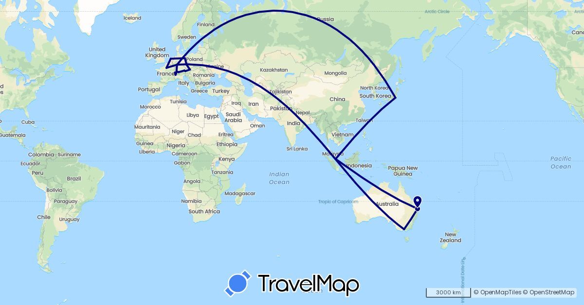 TravelMap itinerary: driving in Austria, Australia, Switzerland, Czech Republic, Germany, France, Japan, Liechtenstein, Netherlands, Singapore (Asia, Europe, Oceania)